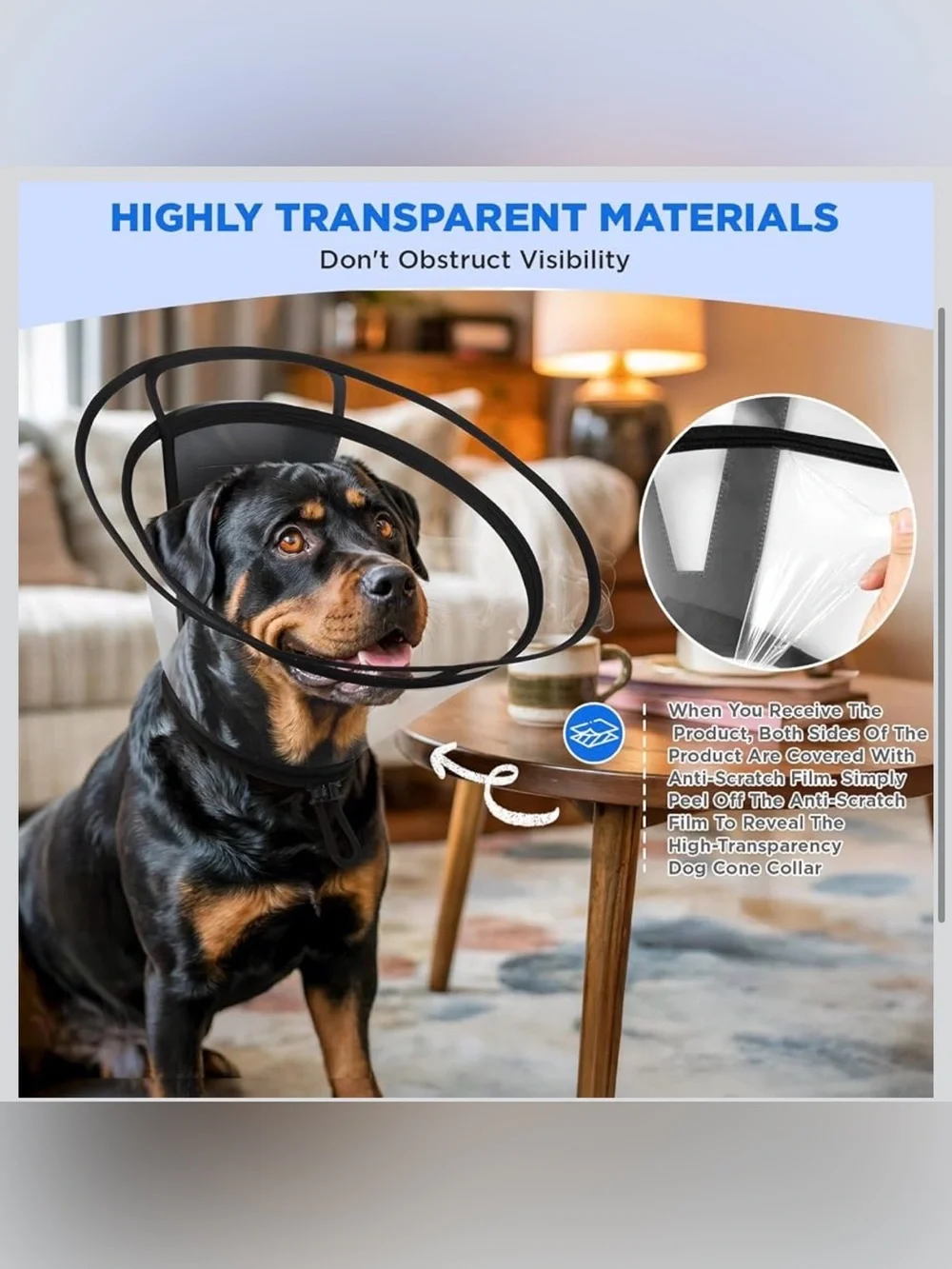 Clear Dog Cone Collar–Extra-Long Recovery E-Collar for Dogs, Transparent -M